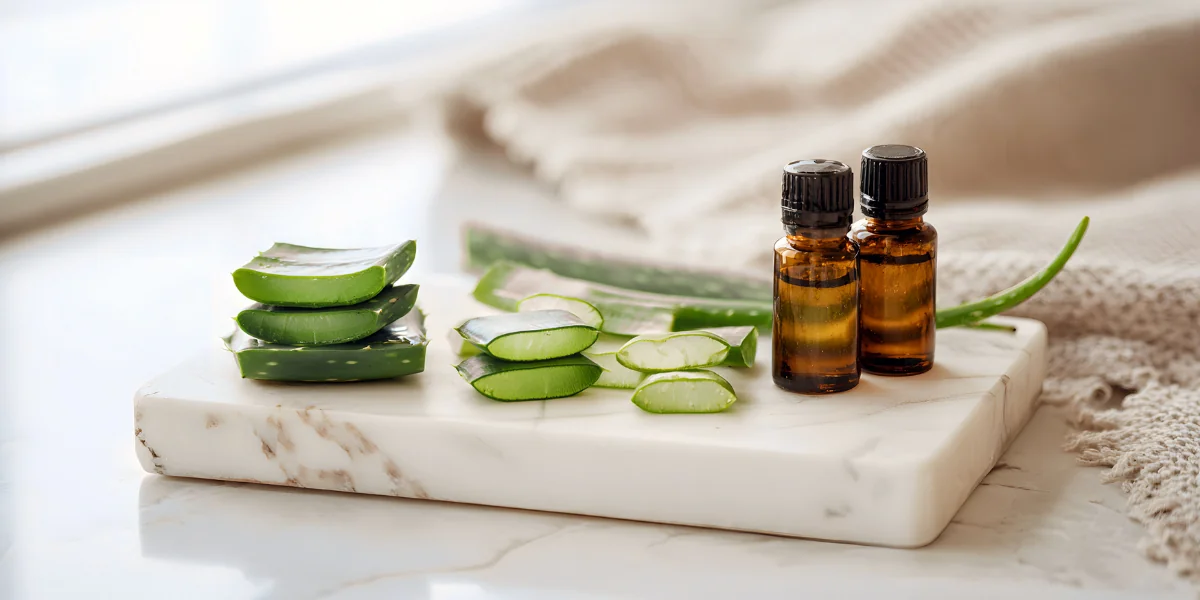 fresh aloe vera and ointment in a board at the table