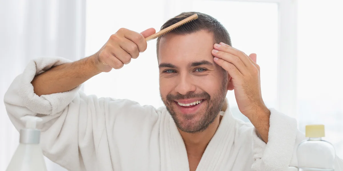 Smiling man combing his hair while in a bathrobe