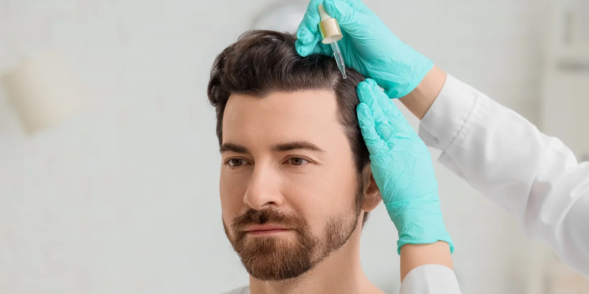 putting an ointment to a man's hair scalp