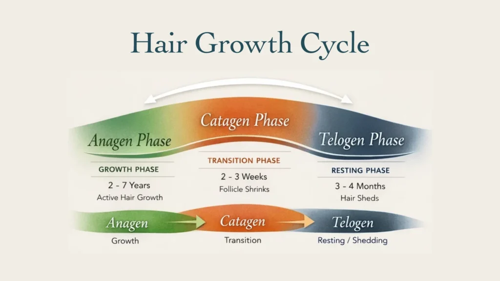 illustrated timeline of hair growth stages and duration showing overlapping anagen catagen and telogen phases