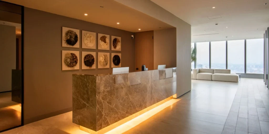 Interior reception area of Clinique de Paris clinic featuring a modern, clean, and elegant waiting space for hair and skin treatments