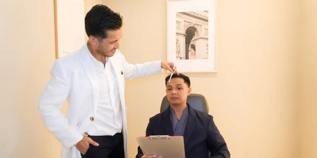 Doctor consultation for Rejuran skin treatment at Clinique de Paris discussing acne scars (atrophic, boxcar, rolling), uneven skin texture, post-inflammatory healing, hyperpigmentation (PIH), and skin barrier repair in sensitised skin.