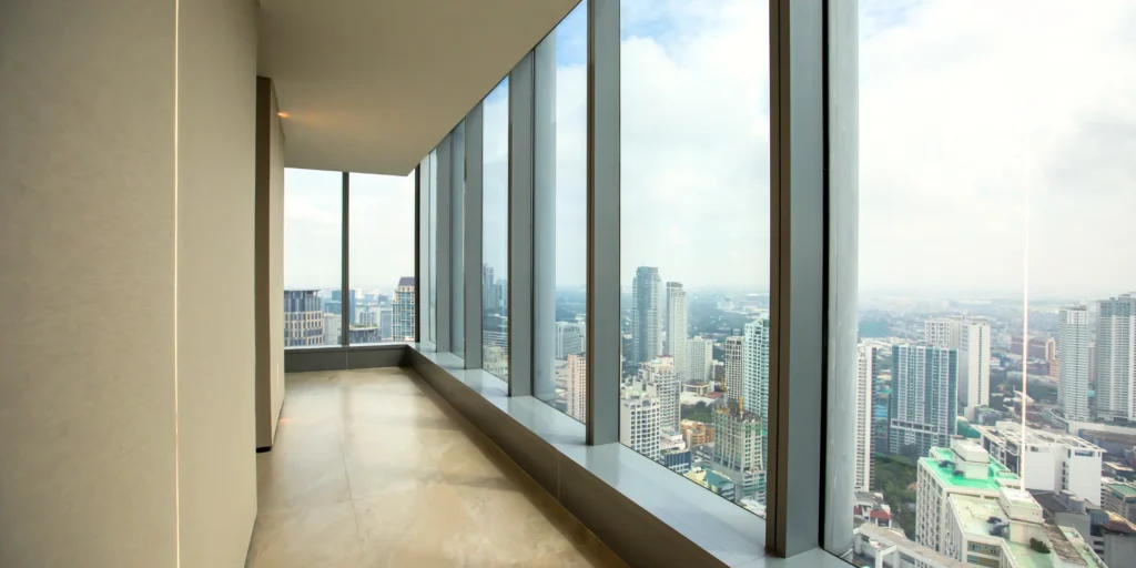 A premium clinic interior at Clinique de Paris with large windows overlooking the Makati city skyline.