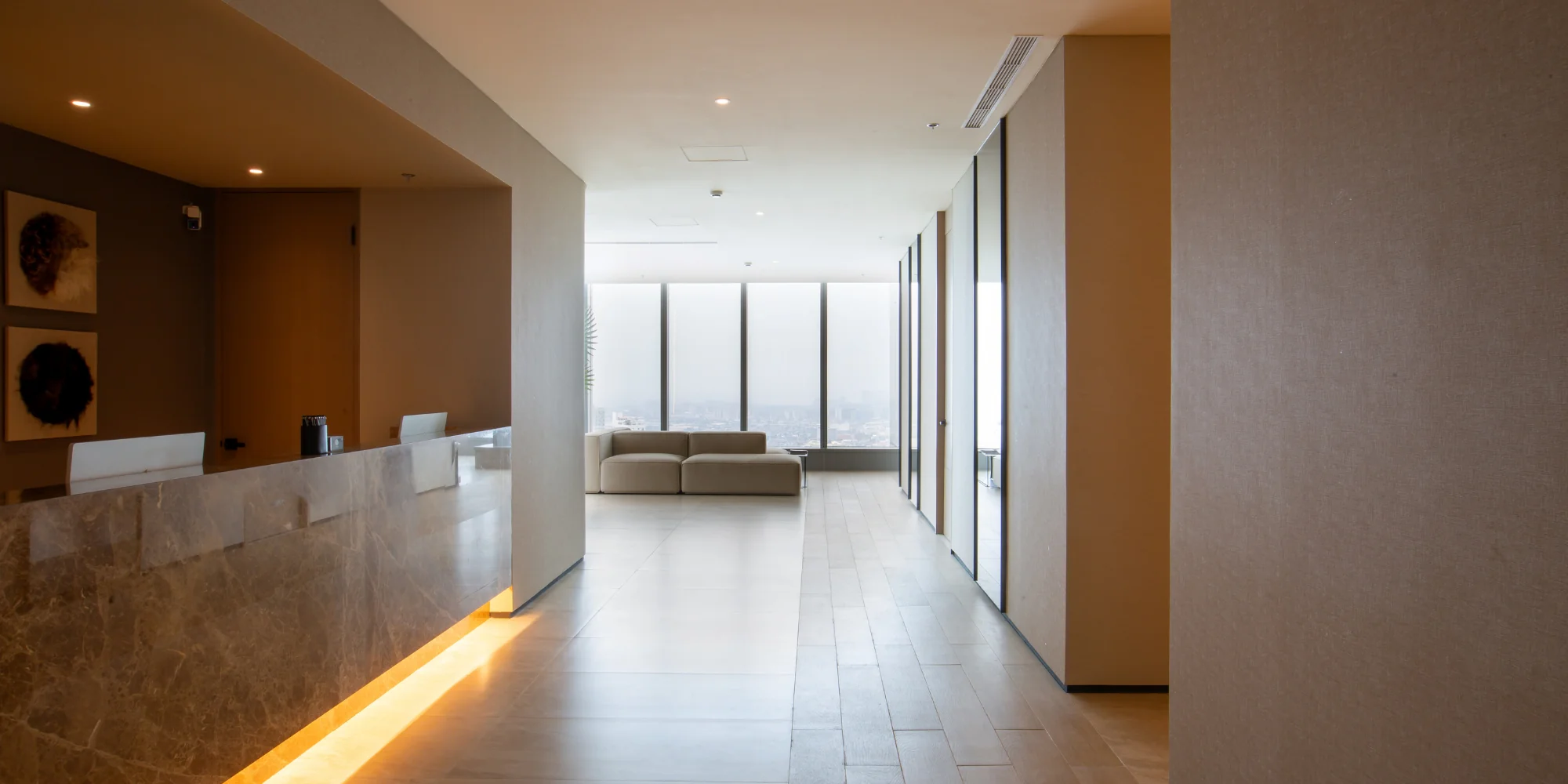 View through the entrance doors into Clinique de Paris, showing a modern, minimalist clinical interior with soft lighting and a calm reception space.